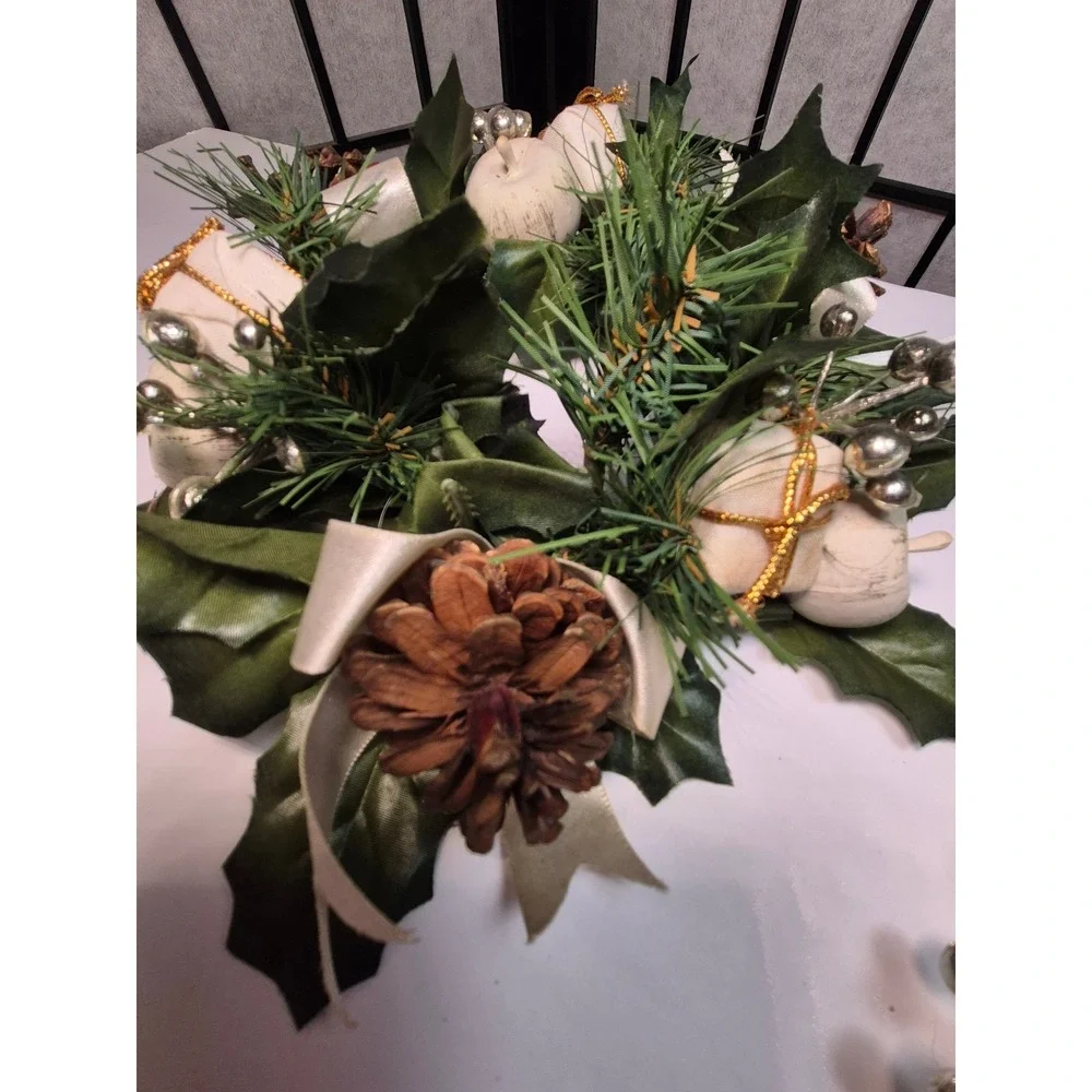 Christmas Candle Rings Set of 2 Holly Pinecone Gold Glitter Ornaments Greenery